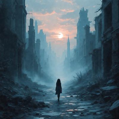 The primary subject of the image is a woman walking down a deserted street. The setting is a city with a skyline visible in the background. The visual style is a digital art, creating a moody atmosphere. The colors are predominantly dark, with the sunset adding a touch of warmth to the scene.